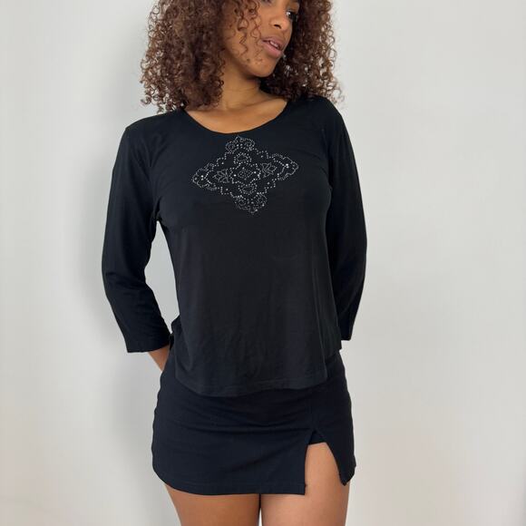 Vintage Euro black slinky embellished long-sleeve top (Large) - Picture 1 of 4